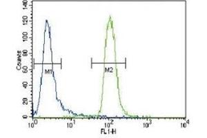MUSK antibody flow cytometric analysis of CEM cells (right histogram) compared to a negative control cell (left histogram).