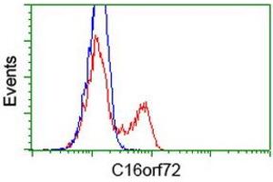 HEK293T cells transfected with either RC214935 overexpress plasmid (Red) or empty vector control plasmid (Blue) were immunostained by anti-C16orf72 antibody (ABIN2452857), and then analyzed by flow cytometry.