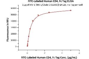 Immobilized HIV-1 [HIV-1/Clade C (16055)] GP120, His Tag (4) at 2 μg/mL (100 μL/well) can bind Fed Human CD4, Fc Tag (ABIN6923184,ABIN6938828) with a linear range of 0.