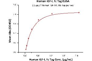Immobilized Human IGF-I R, His Tag (ABIN2181261,ABIN2181260) at 5 μg/mL (100 μL/well) can bind Human IGF-I, Fc Tag (ABIN2181263,ABIN2181262) with a linear range of 0.