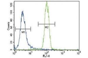 HNF4A antibody flow cytometric analysis of NCI-H460 cells (right histogram) compared to a negative control (left histogram).