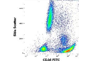 Flow cytometry surface staining pattern of human peripheral whole blood stained using anti-human CD36 (CB38) FITC (4 μL reagent / 100 μL of peripheral whole blood).