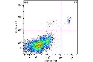Flow cytometry analysis of peripheral blood lymphocytes from a patient with allergy to bee venom after stimulation with bee venom, stained with anti-human CD63 FITC.
