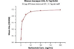 Immobilized Rhesus macaque CD4, Fc Tag (ABIN2180785,ABIN2180784) at 1 μg/mL (100 μL/well) can bind Ibalizumab with a linear range of 0.