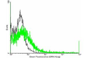 FACS analysis of negative control 293 cells (Black) and HLA-E expressing 293 cells (Green) using HLA-E purified MaxPab mouse polyclonal antibody.