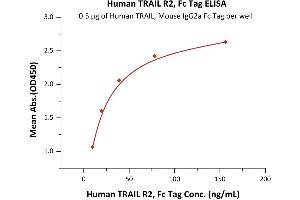 Immobilized Human TRAIL, Mouse IgG2a Fc Tag (ABIN6933657,ABIN6938881) at 5 μg/mL (100 μL/well) can bind Human TRAIL R2, Fc Tag (ABIN2181869,ABIN2181868) with a linear range of 0.