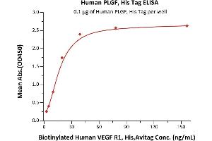 Immobilized Human PLGF, His Tag (ABIN2181648,ABIN2181647) at 1 μg/mL (100 μL/well) can bind Biotinylated Human VEGF R1, His,Avitag (ABIN5955009,ABIN6253629) with a linear range of 2-20 ng/mL (Routinely tested).