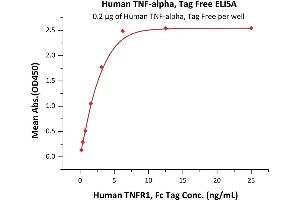 Immobilized Human , Tag Free, low endotoxin (active trimer) (MALS verified) (ABIN2181831,ABIN2181832,ABIN6253648) at 2 μg/mL (100 μL/well) can bind Human TNFR1, Fc Tag (ABIN2181840,ABIN2181839) with a linear range of 0.
