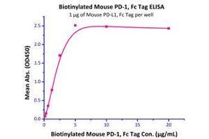Immobilized Mouse PD-L1 / B7-H1 Protein, Fc Tag (Cat# PD1-M5251) at 10μg/mL (100μL/well) can bind Biotinylated Mouse PD-1 / PDCD1, Fc Tag, Avi Tag (Avitag™) (Cat# PD1-M82F4) with a linear range of 0.