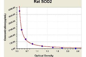 Diagramm of the ELISA kit to detect Rat SOD2with the optical density on the x-axis and the concentration on the y-axis.