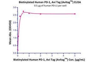 Immobilized Human PD-L1, Fc Tag (Cat# PD1-H5258) at 5μg/mL (100 µl/well),can bind Biotinylated Human PD-1, His Tag & Fc Tag (Cat# PD1-H82F2) with a linear range of 0.