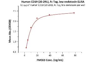 Immobilized Human CD19 (20-291), Fc Tag, low endotoxin (ABIN2180716,ABIN2180715) at 5 μg/mL (100 μL/well) can bind FMC63 with a linear range of 0.