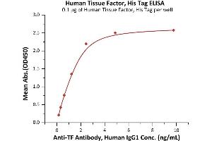 Immobilized Human Tissue Factor, His Tag (ABIN6973035) at 1 μg/mL (100 μL/well) can bind Anti-TF Antibody, Human IgG1 with a linear range of 0.