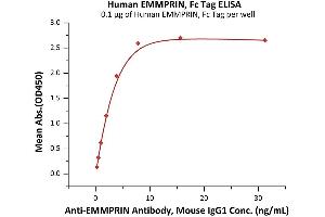 Immobilized Human EMMPRIN, Fc Tag (ABIN2180697,ABIN2180696) at 1 μg/mL (100 μL/well) can bind AIN Antibody, Mouse IgG1 with a linear range of 0.